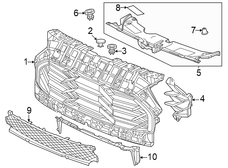 Front bumper & grille. Grille & components.