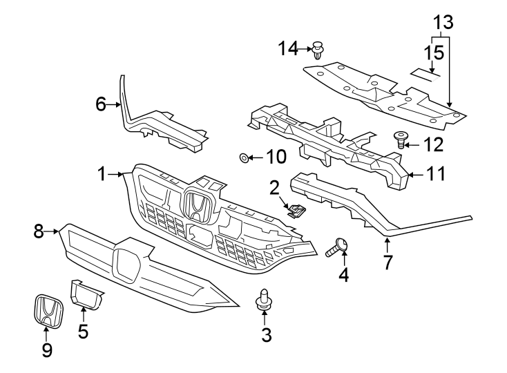 FRONT BUMPER & GRILLE. GRILLE & COMPONENTS.