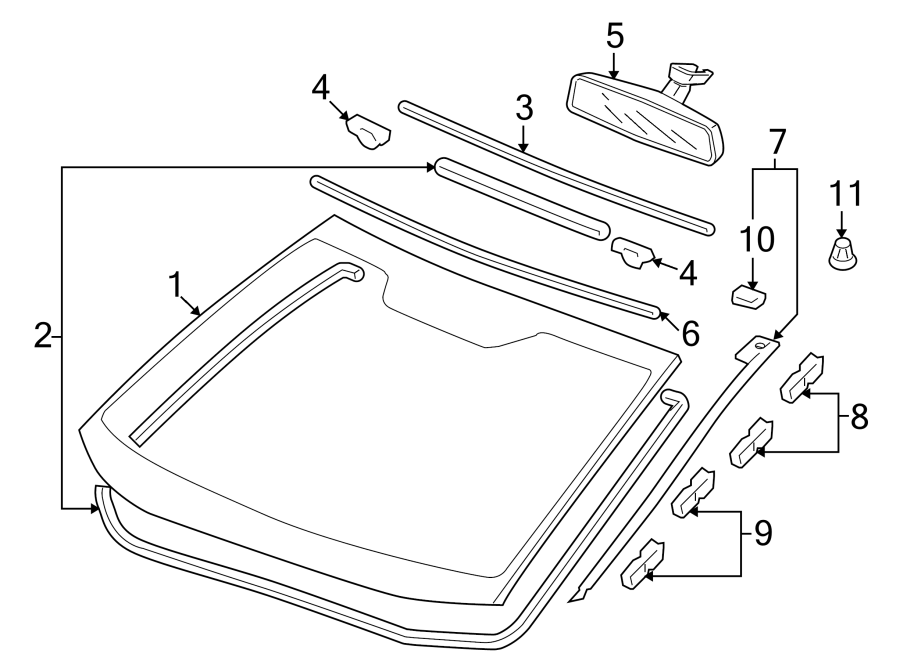 WINDSHIELD. GLASS. REVEAL MOLDINGS.