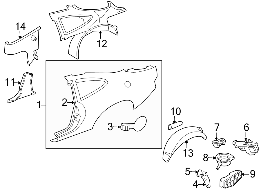 Diagram EXTERIOR TRIM. INNER COMPONENTS. QUARTER PANEL & COMPONENTS. for your Jaguar XJ8  