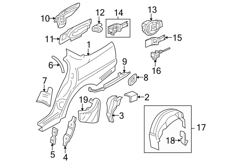 Diagram QUARTER PANEL & COMPONENTS. for your 2014 Jaguar XJ   