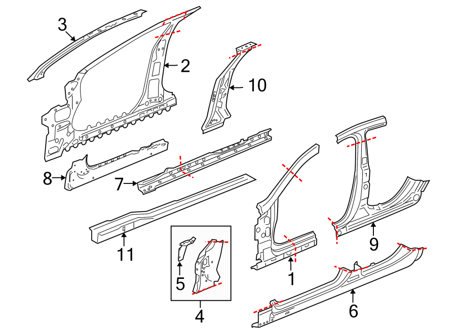 Diagram Pillars. Quarter panel. Rocker & floor. for your Jaguar XFR-S  