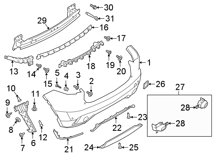 Diagram REAR BUMPER. BUMPER & COMPONENTS. for your 2020 Jaguar E-Pace  Checkered Flag Sport Utility 