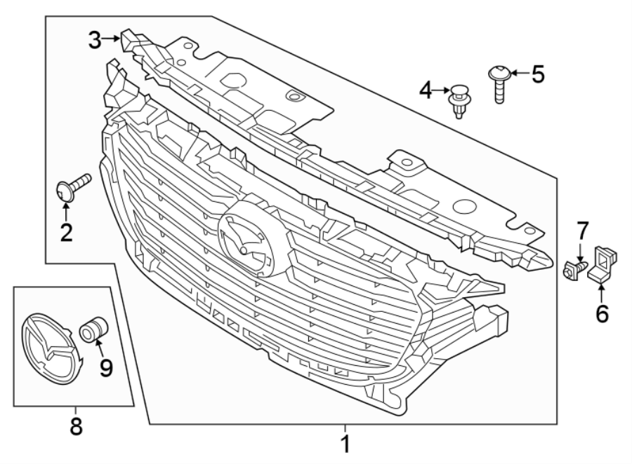 Diagram FRONT BUMPER & GRILLE. GRILLE & COMPONENTS. for your 2022 Mazda 3   