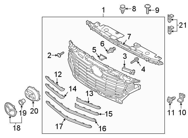 Diagram Front bumper & grille. Grille & components. for your 2020 Mazda CX-5   