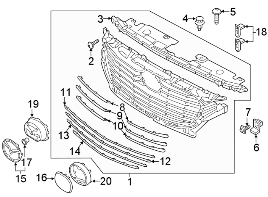 Diagram FRONT BUMPER & GRILLE. GRILLE & COMPONENTS. for your Mazda