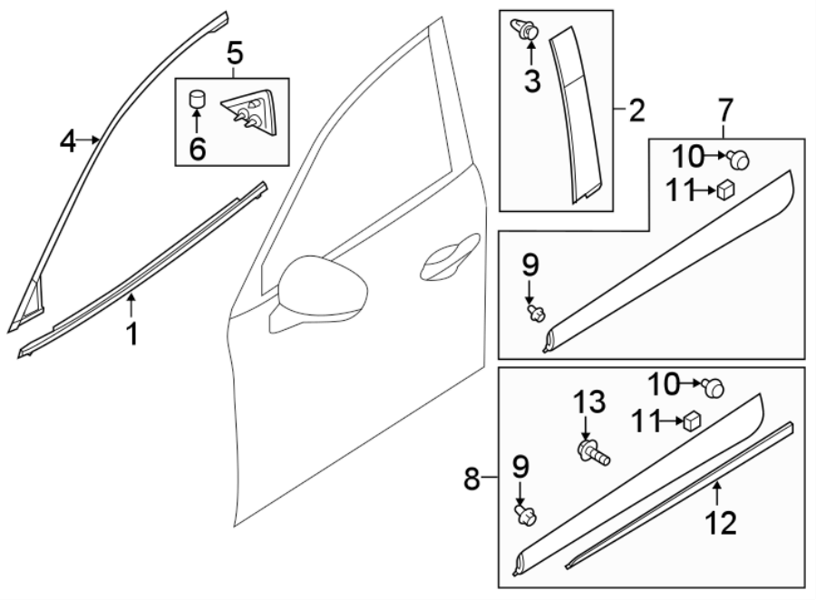 Diagram FRONT DOOR. EXTERIOR TRIM. for your 2020 Mazda CX-3   