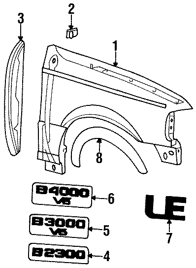 Diagram EXTERIOR TRIM. FENDER & COMPONENTS. for your 1994 Mazda B3000   