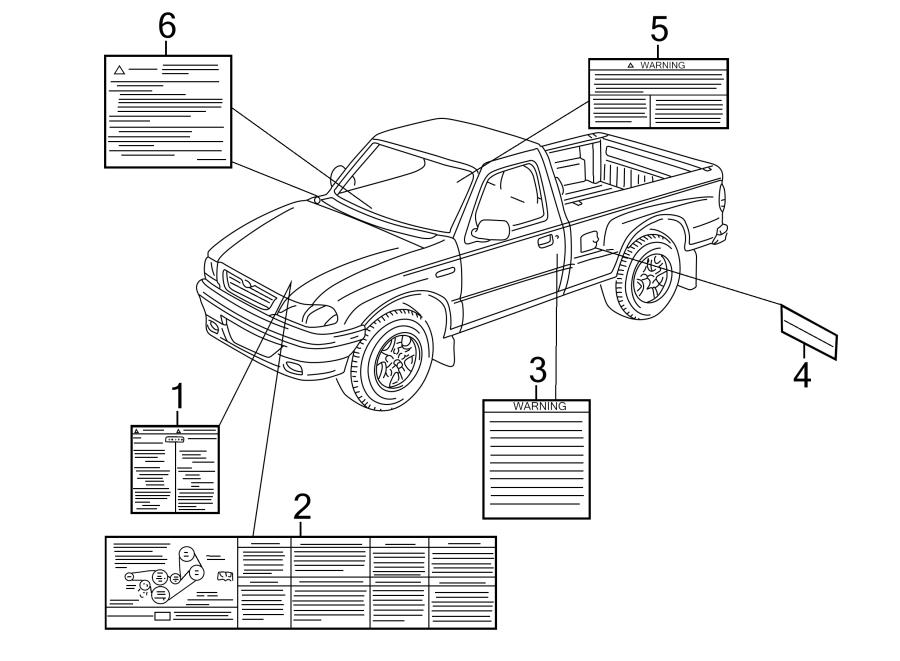 Diagram INFORMATION LABELS. for your 2001 Mazda B2500 2.5L A/T SX Standard Cab Pickup Fleetside 