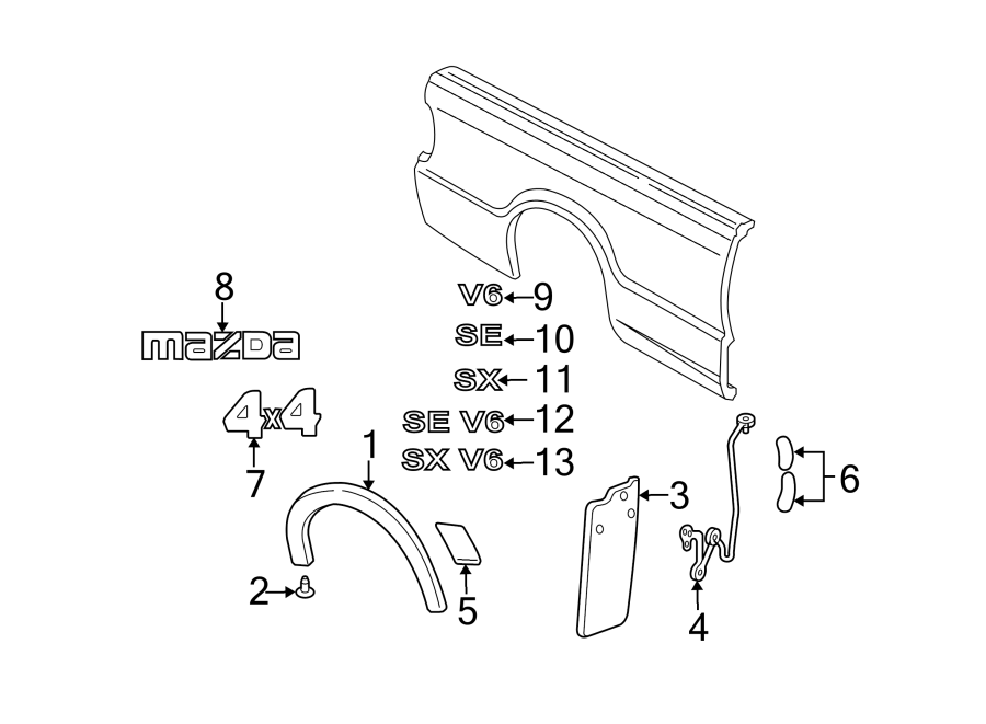 Diagram Pick up box. Exterior trim. for your Mazda B3000  