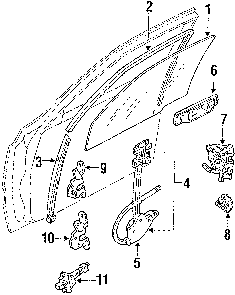 Diagram FRONT DOOR. GLASS & HARDWARE. for your 1988 Mazda 323  Base Sedan 