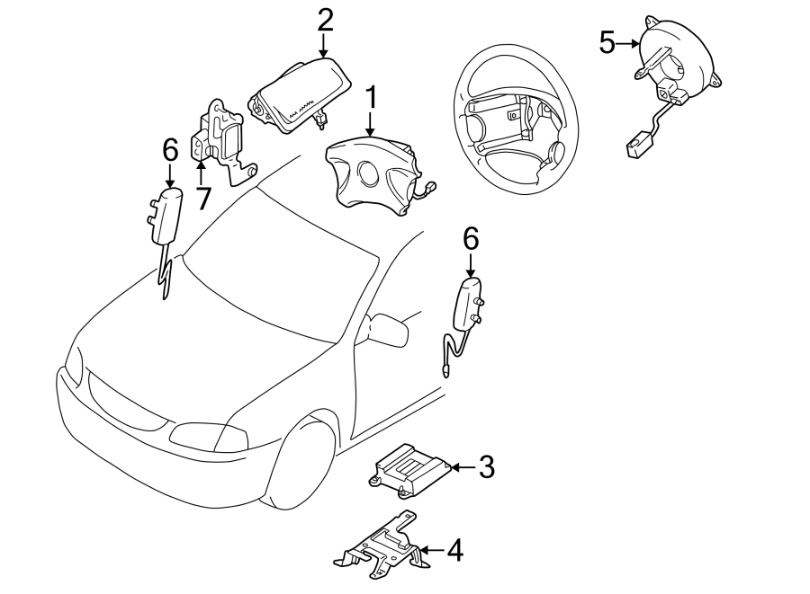 Diagram RESTRAINT SYSTEMS. AIR BAG COMPONENTS. for your 1999 Mazda Protege   