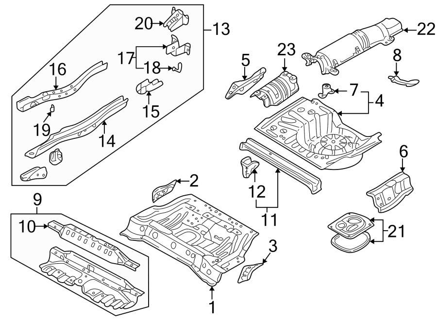 Diagram REAR BODY & FLOOR. FLOOR & RAILS. for your 2011 Mazda MX-5 Miata   