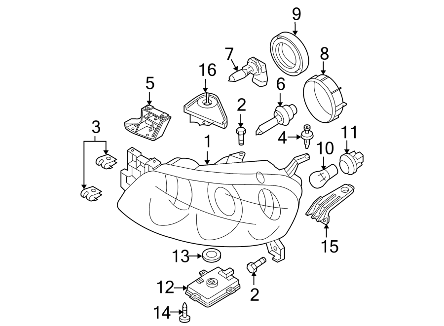 Diagram FRONT LAMPS. HEADLAMP COMPONENTS. for your Mazda