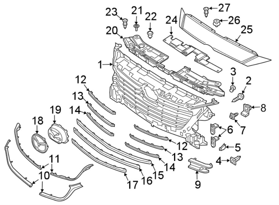 Diagram GRILLE & COMPONENTS. for your 2010 Mazda 5   