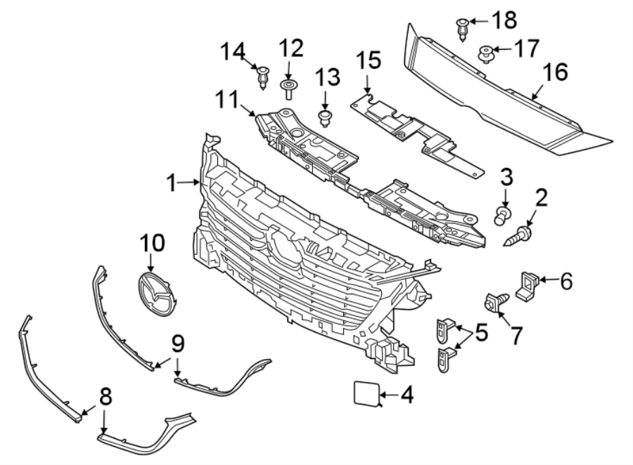 Diagram GRILLE & COMPONENTS. for your Mazda