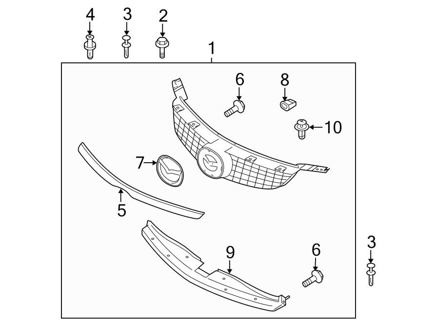 Diagram GRILLE & COMPONENTS. for your Mazda