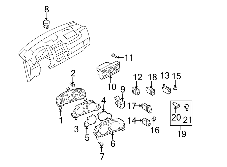 Diagram INSTRUMENT PANEL. CLUSTER & SWITCHES. for your 1999 Mazda B2500 2.5L A/T Troy Lee Extended Cab Pickup Fleetside 