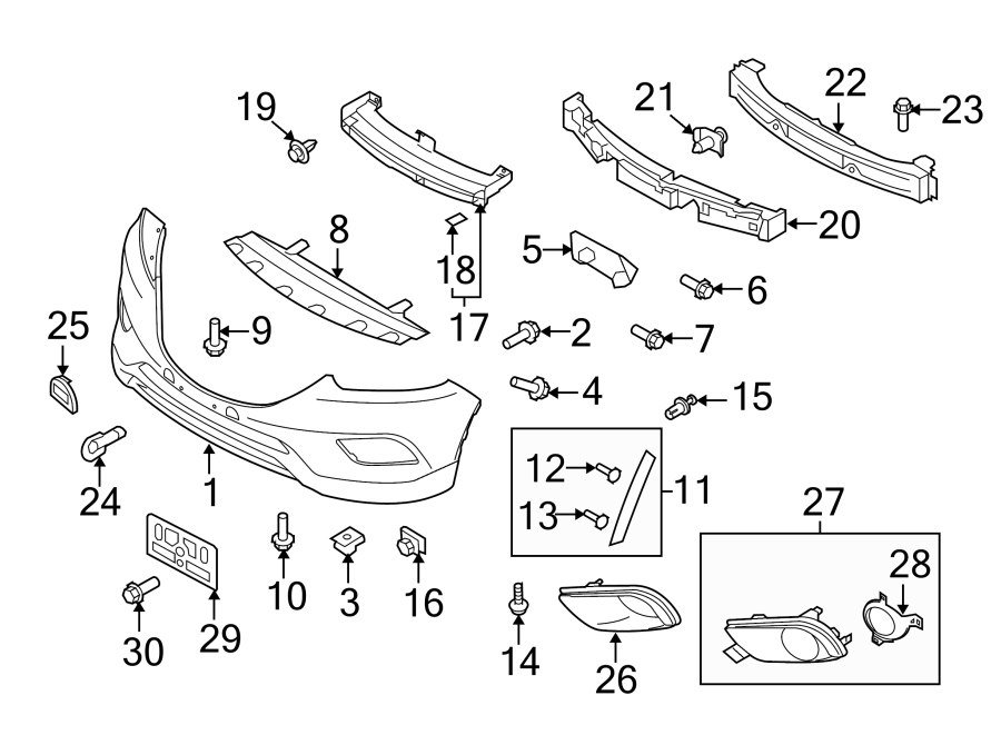 Diagram FRONT BUMPER & GRILLE. BUMPER & COMPONENTS. for your Mazda