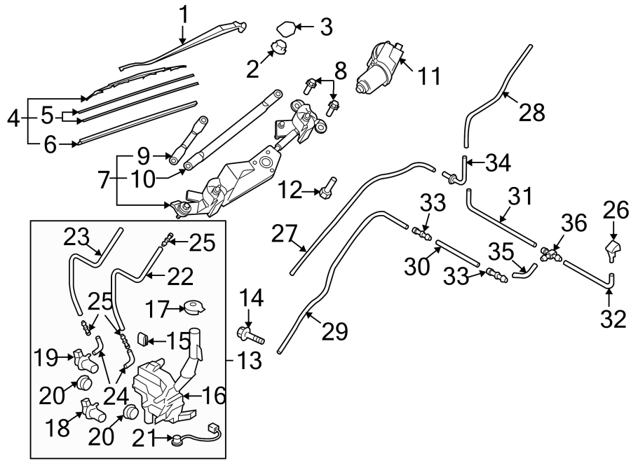 Diagram WINDSHIELD. WIPER & WASHER COMPONENTS. for your Mazda