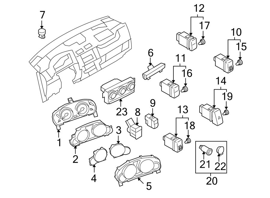 Diagram Instrument panel. Cluster & switches. for your 2019 Mazda MX-5 Miata   