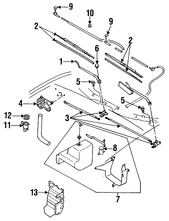 Diagram COWL & WINDSHIELD. WIPER & WASHER COMPONENTS. for your 1997 Mazda MIATA  M Edition Convertible 