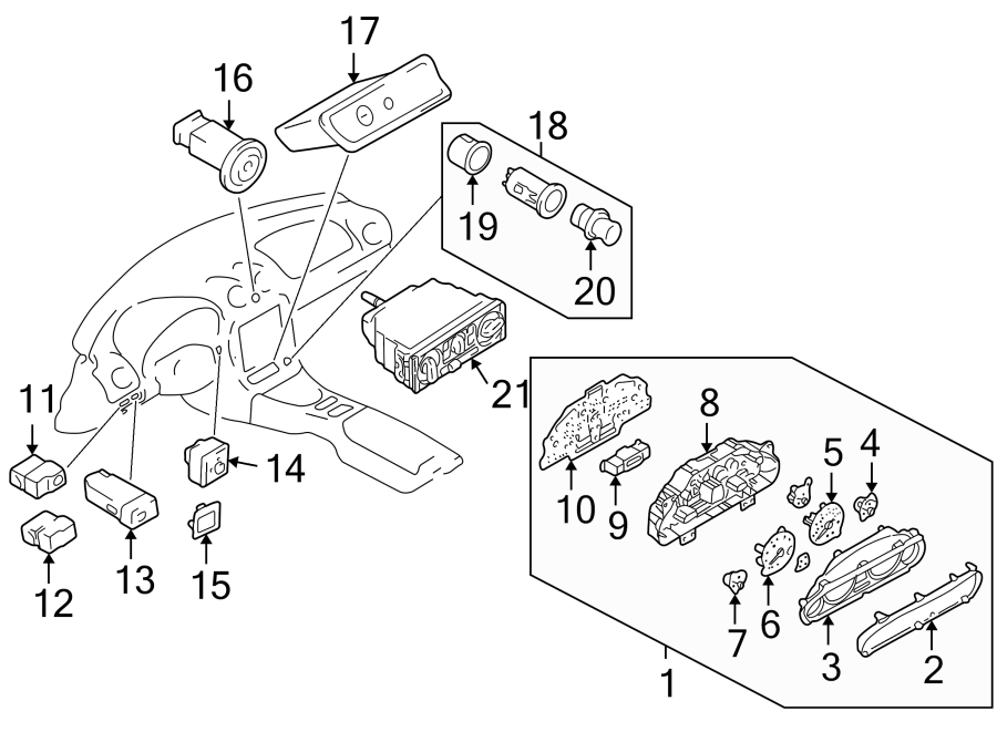 Diagram INSTRUMENT PANEL. CLUSTER & SWITCHES. for your 1999 Mazda B2500 2.5L A/T Troy Lee Extended Cab Pickup Fleetside 