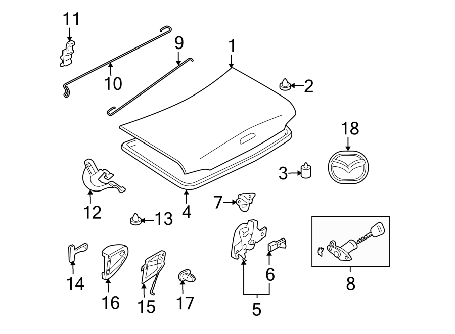 Diagram TRUNK LID. EXTERIOR TRIM. LID & COMPONENTS. for your 2018 Mazda MX-5 Miata   