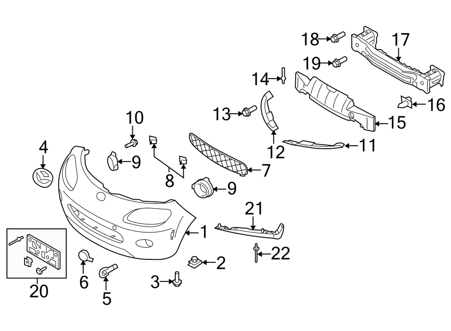 Diagram FRONT BUMPER & GRILLE. BUMPER & COMPONENTS. for your Mazda