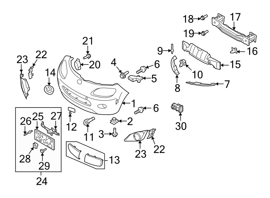 Diagram FRONT BUMPER & GRILLE. BUMPER & COMPONENTS. for your 2009 Mazda MX-5 Miata  Sport Convertible 