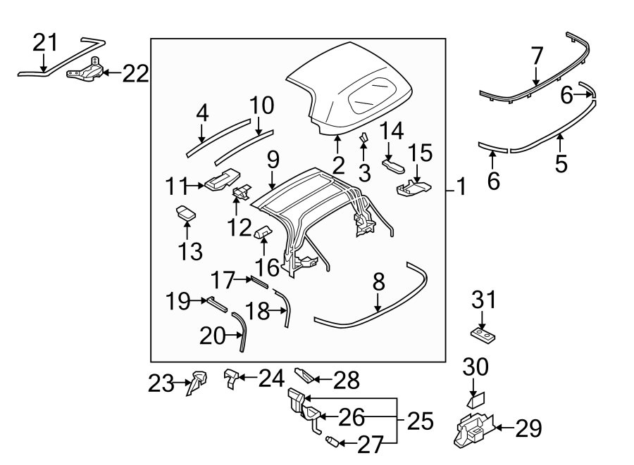 Diagram CONVERTIBLE/SOFT TOP. TOP & COMPONENTS. for your 2015 Mazda MX-5 Miata 2.0L A/T Grand Touring Convertible 