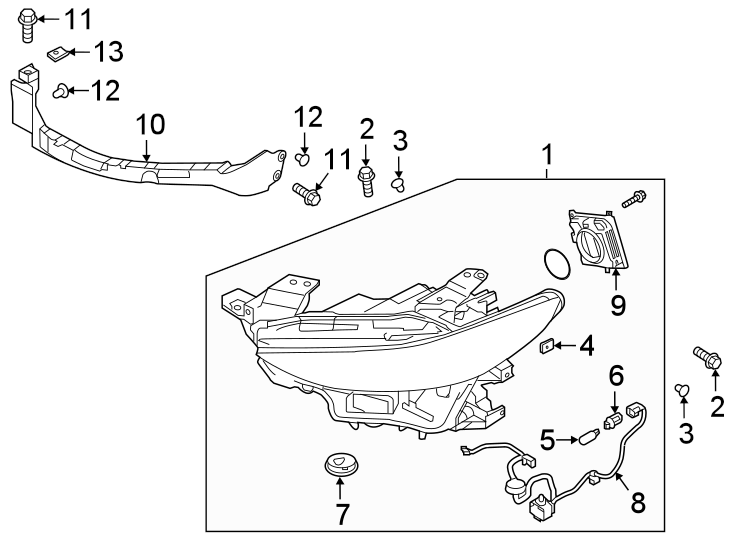 Diagram FRONT LAMPS. HEADLAMP COMPONENTS. for your Mazda 3  