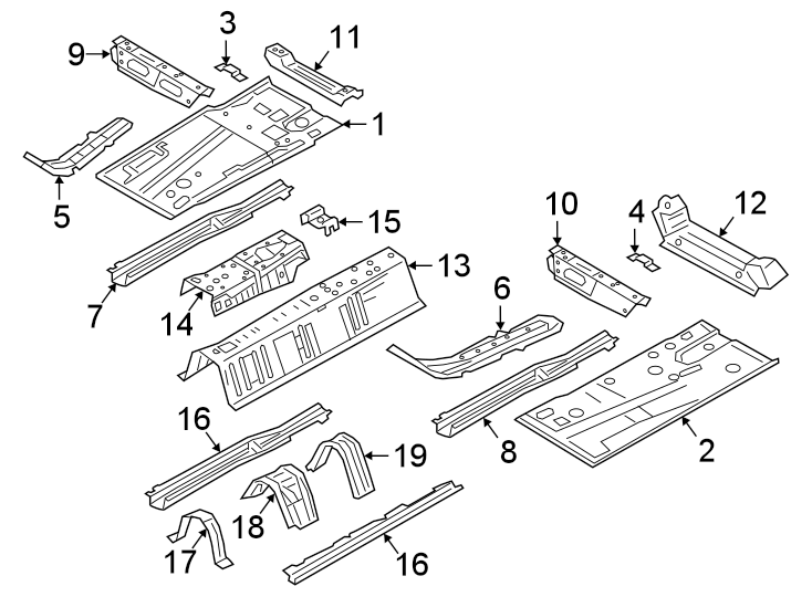 Diagram PILLARS. ROCKER & FLOOR. FLOOR & RAILS. for your 2021 Mazda 3  2.5 Turbo Hatchback 