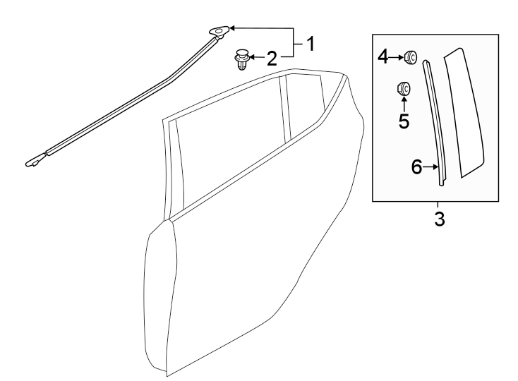 Diagram REAR DOOR. EXTERIOR TRIM. for your 2023 Mazda 3  Carbon Edition Hatchback 