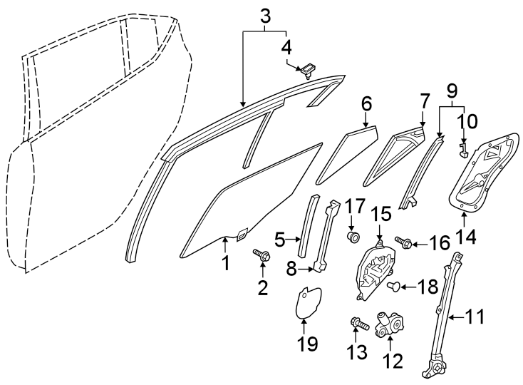 Diagram Rear door. Steering column. Glass & hardware. for your 2017 Mazda CX-5 2.5L SKYACTIV A/T FWD Touring Sport Utility 