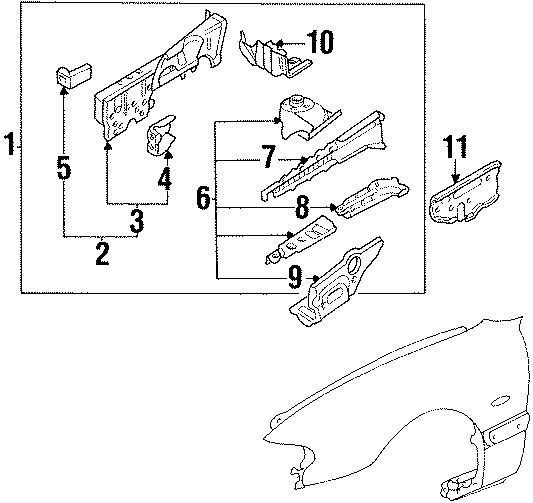 Diagram FENDER. STRUCTURAL COMPONENTS & RAILS. for your 1996 Mazda