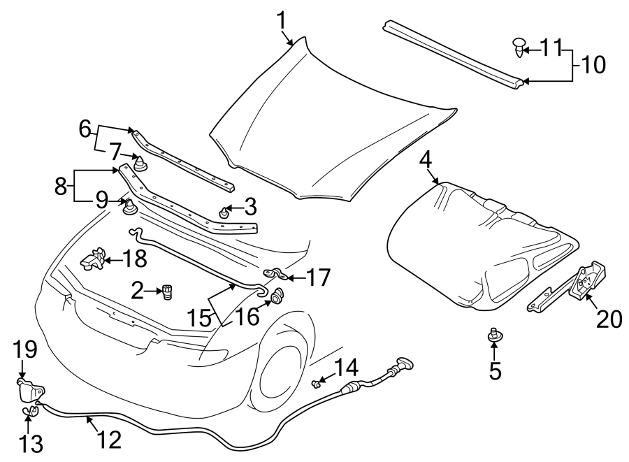 Diagram HOOD & COMPONENTS. for your 2022 Mazda MX-5 Miata 2.0L SKYACTIV M/T RF Grand Touring Convertible 