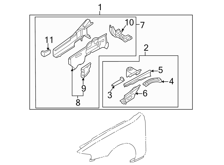 Diagram FENDER. STRUCTURAL COMPONENTS & RAILS. for your 2000 Mazda 626 2.0L A/T LX Sedan 