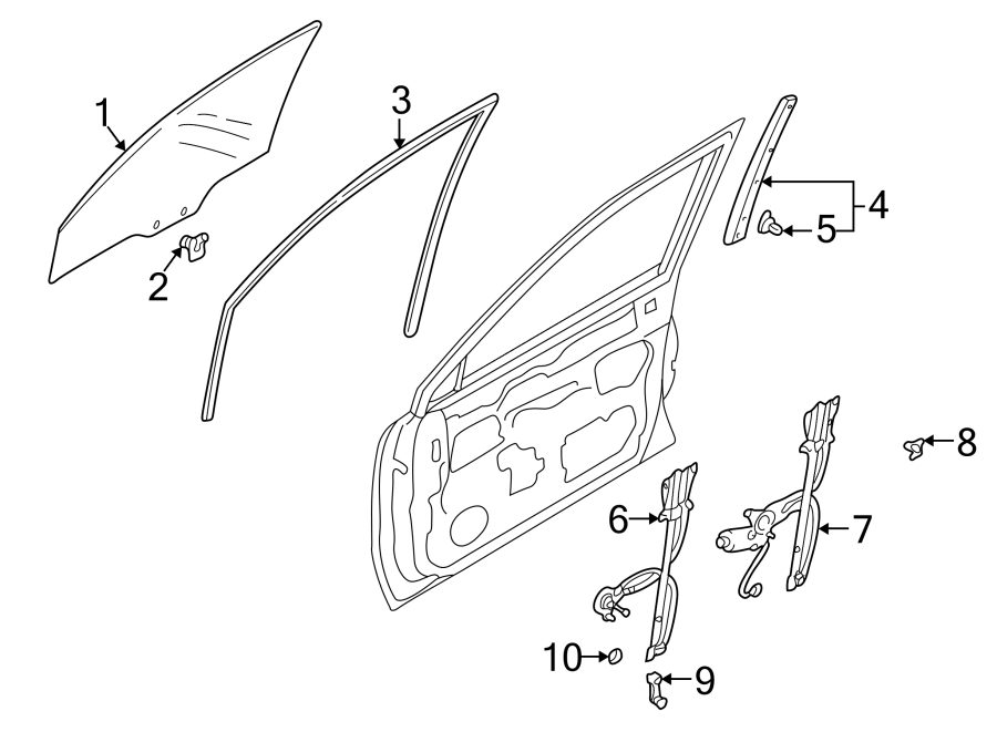 Diagram FRONT DOOR. GLASS & HARDWARE. for your 2000 Mazda 626 2.0L M/T LX Sedan 