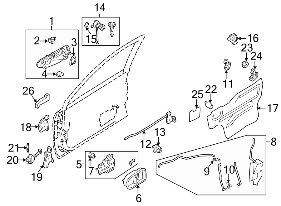 Diagram FRONT DOOR. LOCK & HARDWARE. for your 2000 Mazda 626 2.5L V6 A/T LX Sedan 