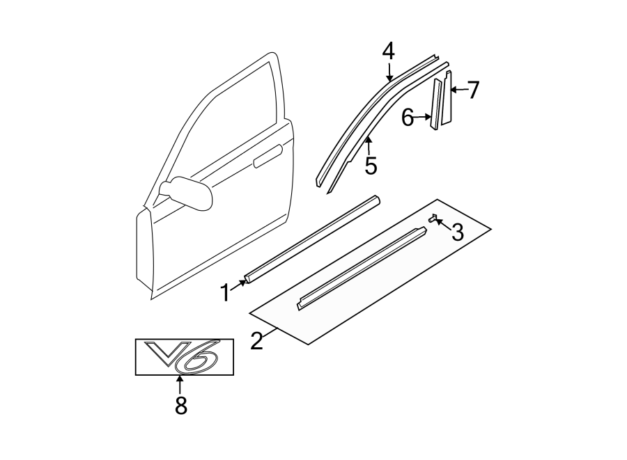 Diagram FRONT DOOR. EXTERIOR TRIM. for your 2003 Mazda 6   