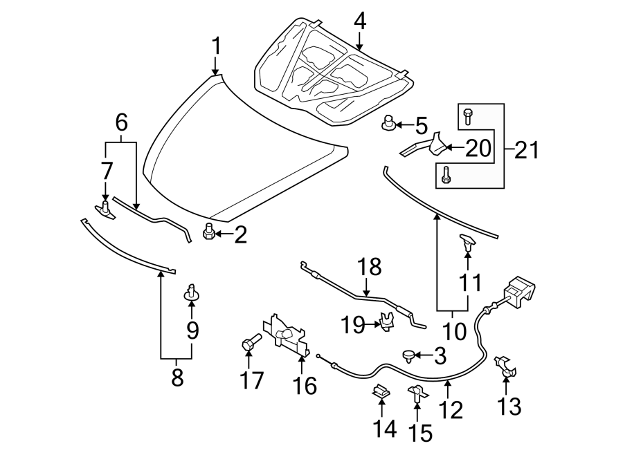 Diagram HOOD & COMPONENTS. for your 2021 Mazda CX-5 2.5L SKYACTIV A/T AWD Touring Sport Utility 