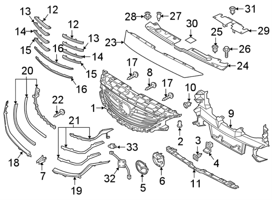 Diagram FRONT BUMPER & GRILLE. GRILLE & COMPONENTS. for your 2022 Mazda 3   