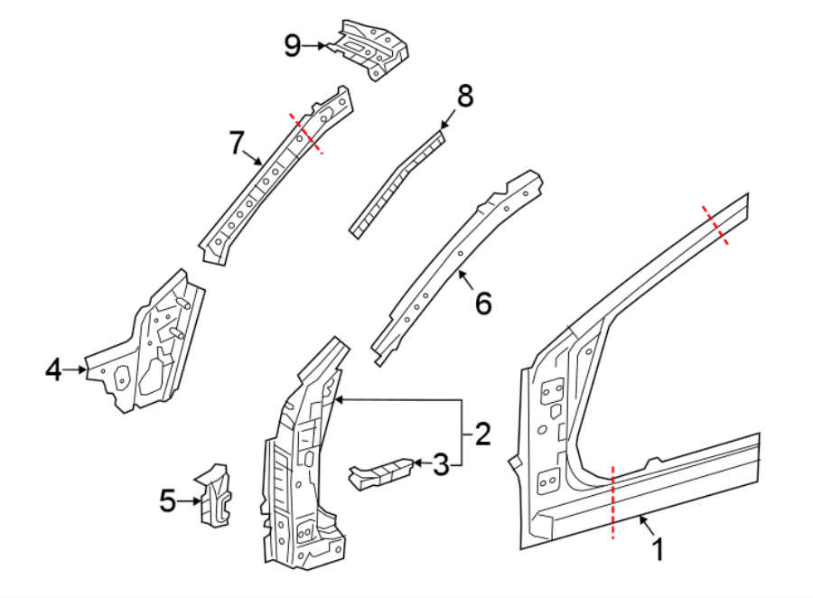 Diagram PILLARS. ROCKER & FLOOR. HINGE PILLAR. for your 2023 Mazda 3 2.5L SKYACTIV M/T FWD Premium Sedan 