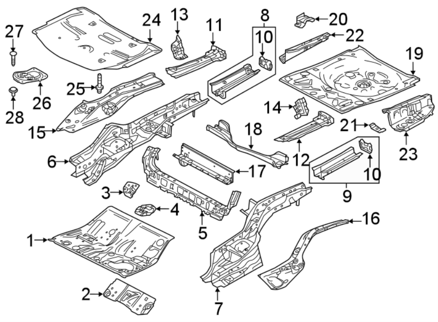 Diagram REAR BODY & FLOOR. FLOOR & RAILS. for your 2021 Mazda 3   