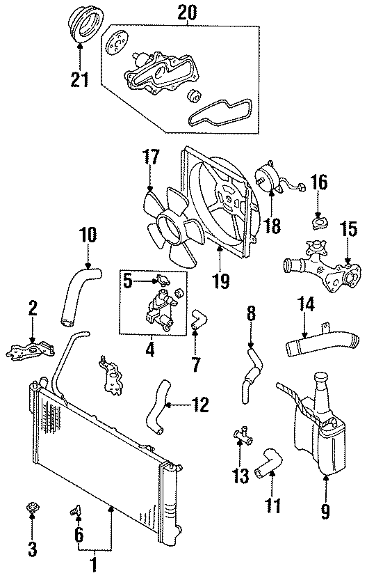 Diagram RADIATOR & COMPONENTS. for your 1999 Mazda 626  LX Sedan 