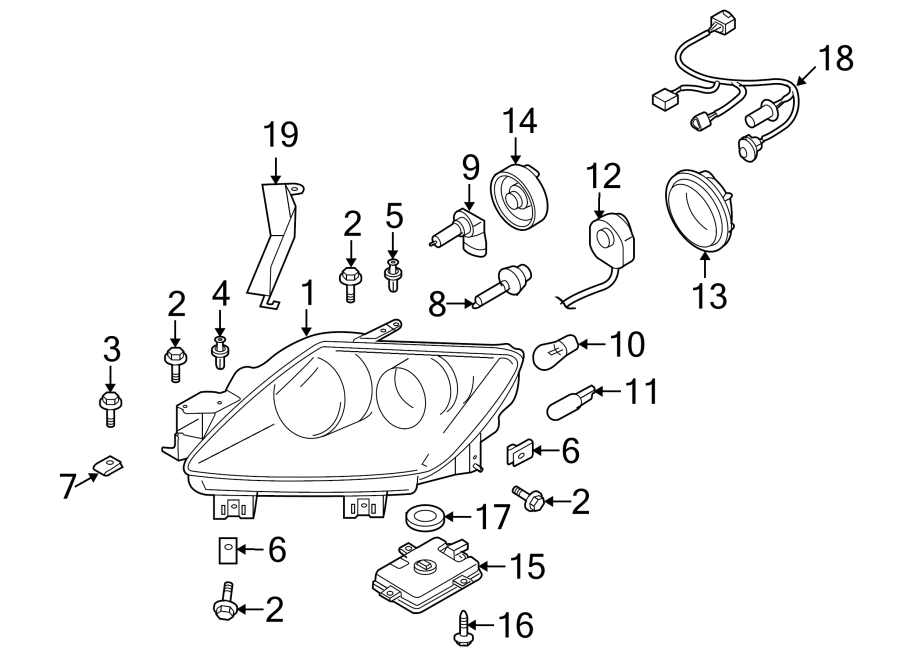 Diagram FRONT LAMPS. HEADLAMP COMPONENTS. for your 2012 Mazda CX-7 2.3L A/T FWD Touring Sport Utility 