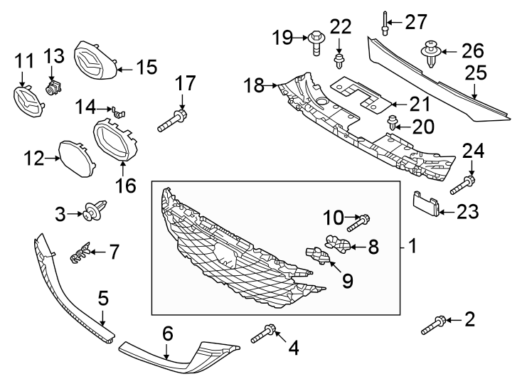 Diagram Front bumper & grille. Grille & components. for your 2009 Mazda 5   