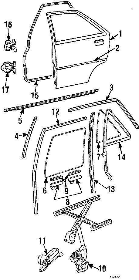 11REAR DOOR. DOOR & COMPONENTS. GLASS & HARDWARE. MOLDINGS.https://images.simplepart.com/images/parts/motor/fullsize/623120.png