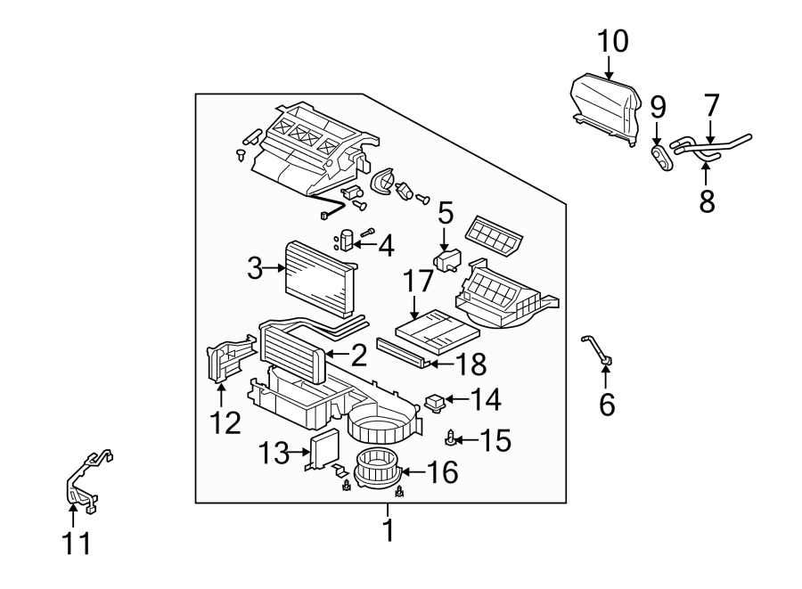 1Air conditioner & heater. Rear body & floor. Evaporator & heater components.https://images.simplepart.com/images/parts/motor/fullsize/6252105.png